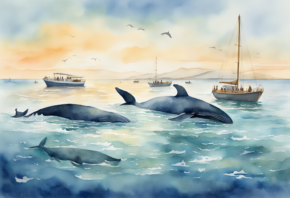 A serene ocean with a pod of whales swimming gracefully, surrounded by a respectful distance of whale-watching boats