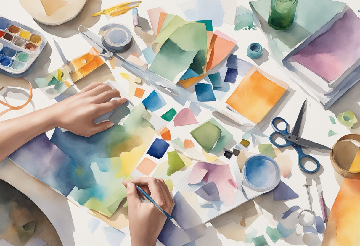 A table scattered with colorful paper, scissors, glue, and various found objects. A magazine open to a page of images to cut out. A pair of hands arranging and layering the materials