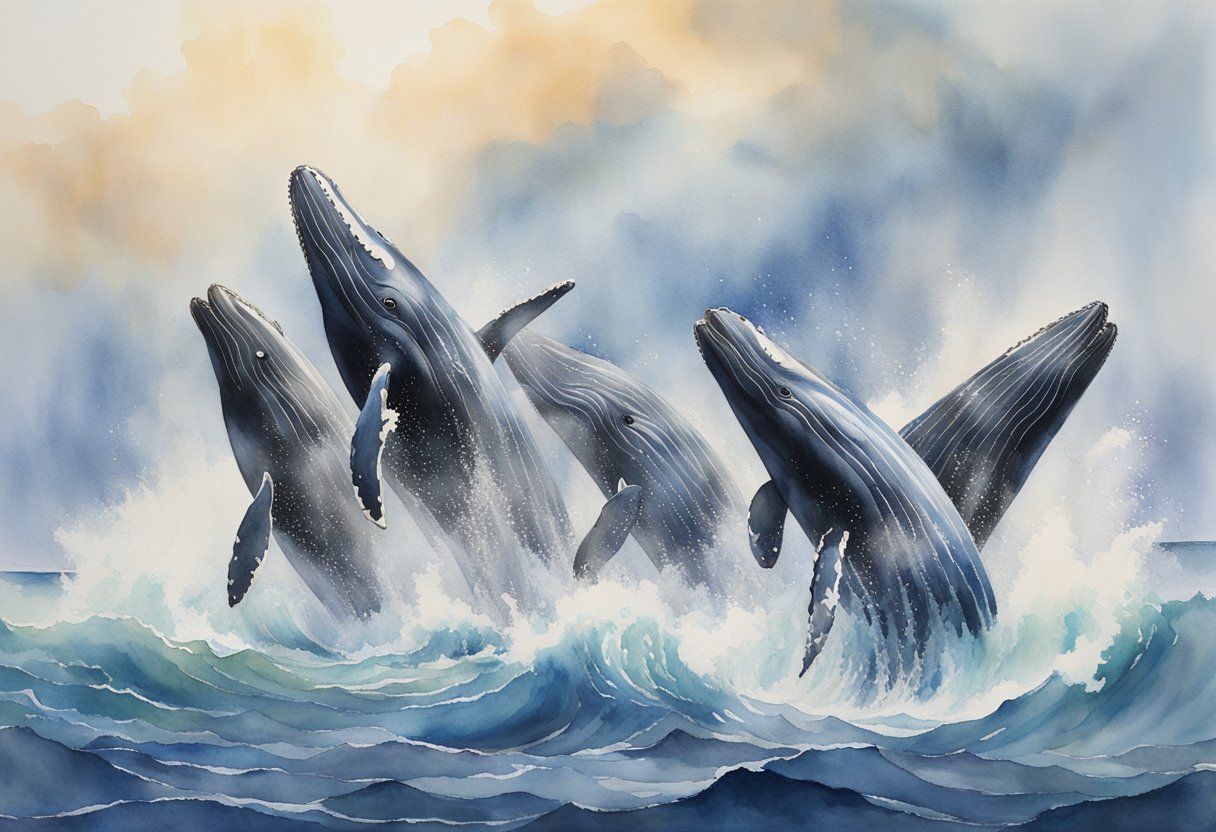 A group of whales breaches the surface, spraying water into the air as they swim gracefully through the ocean, their massive bodies gliding effortlessly through the waves