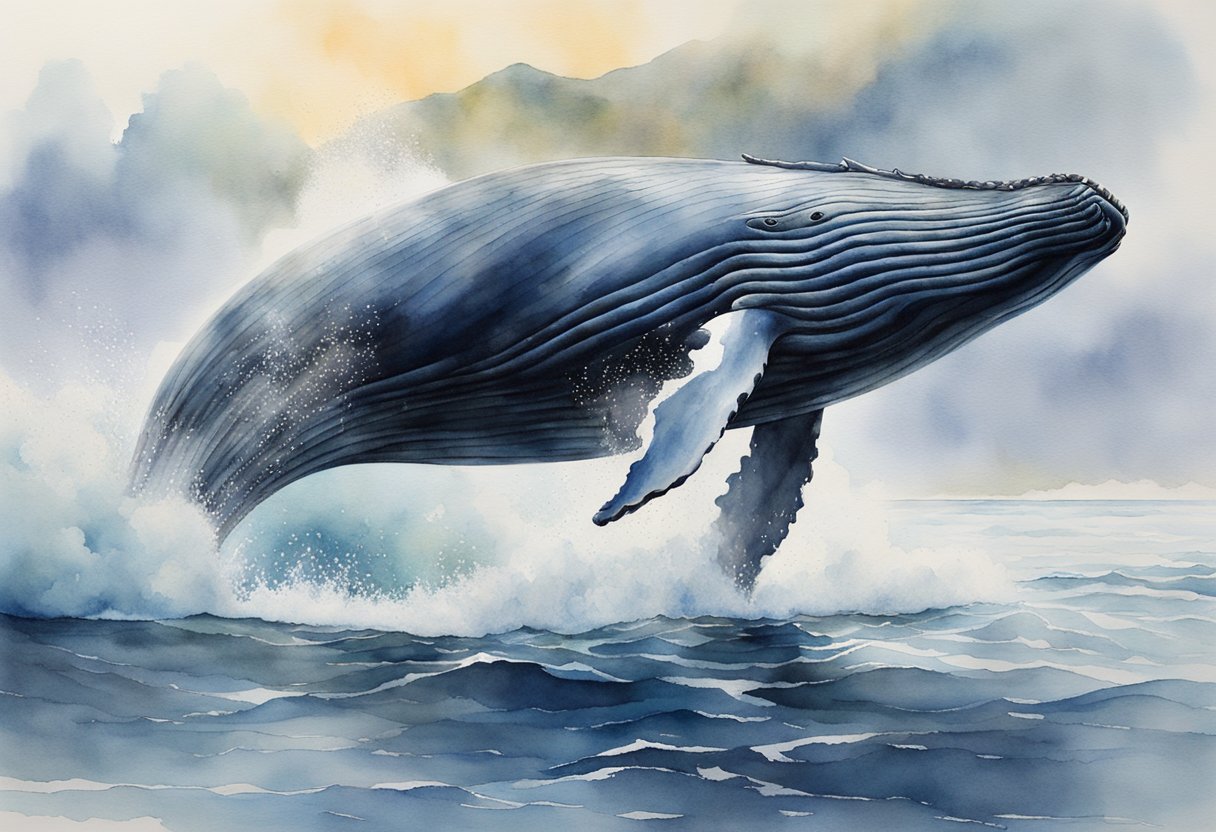 A humpback whale breaches the surface, water cascading off its massive body as it exhales a powerful spout of mist into the air