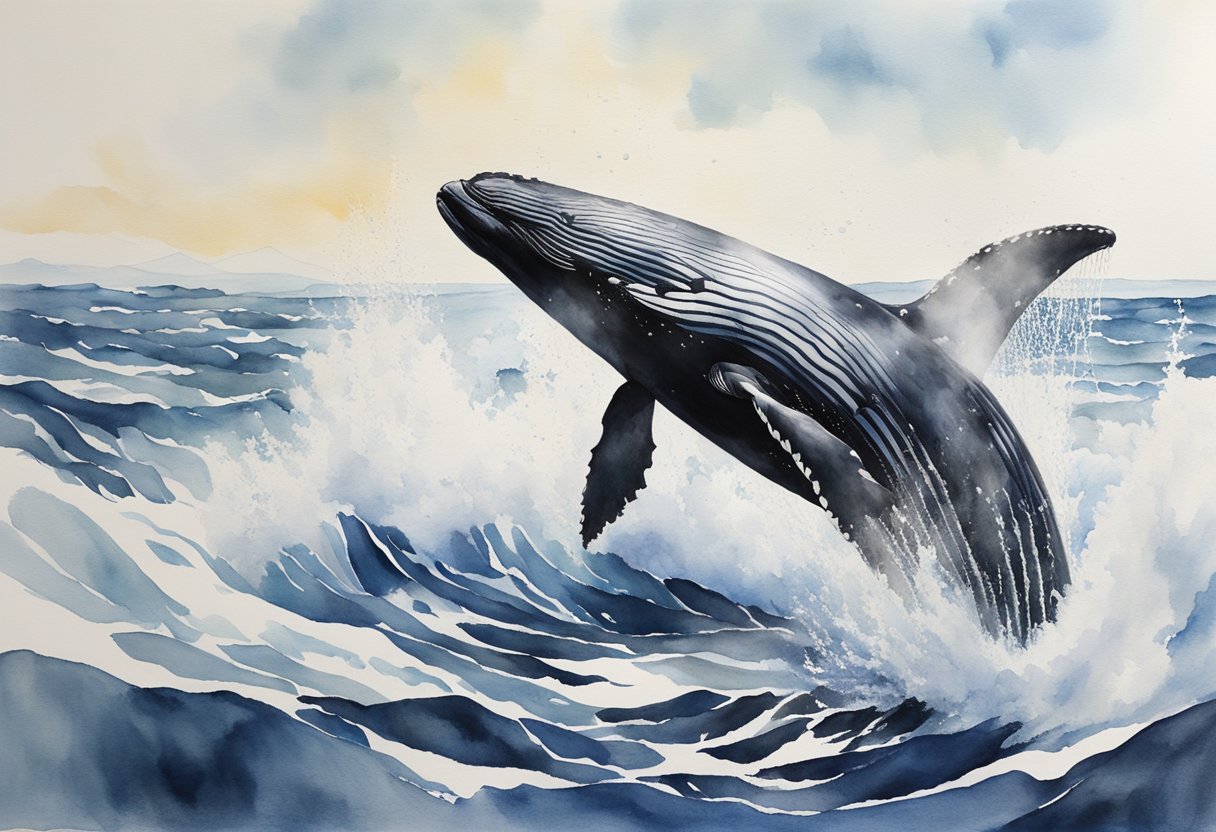 A humpback whale breaches the surface, water cascading off its massive body. A pod of orcas swims gracefully alongside, their sleek black and white forms cutting through the waves