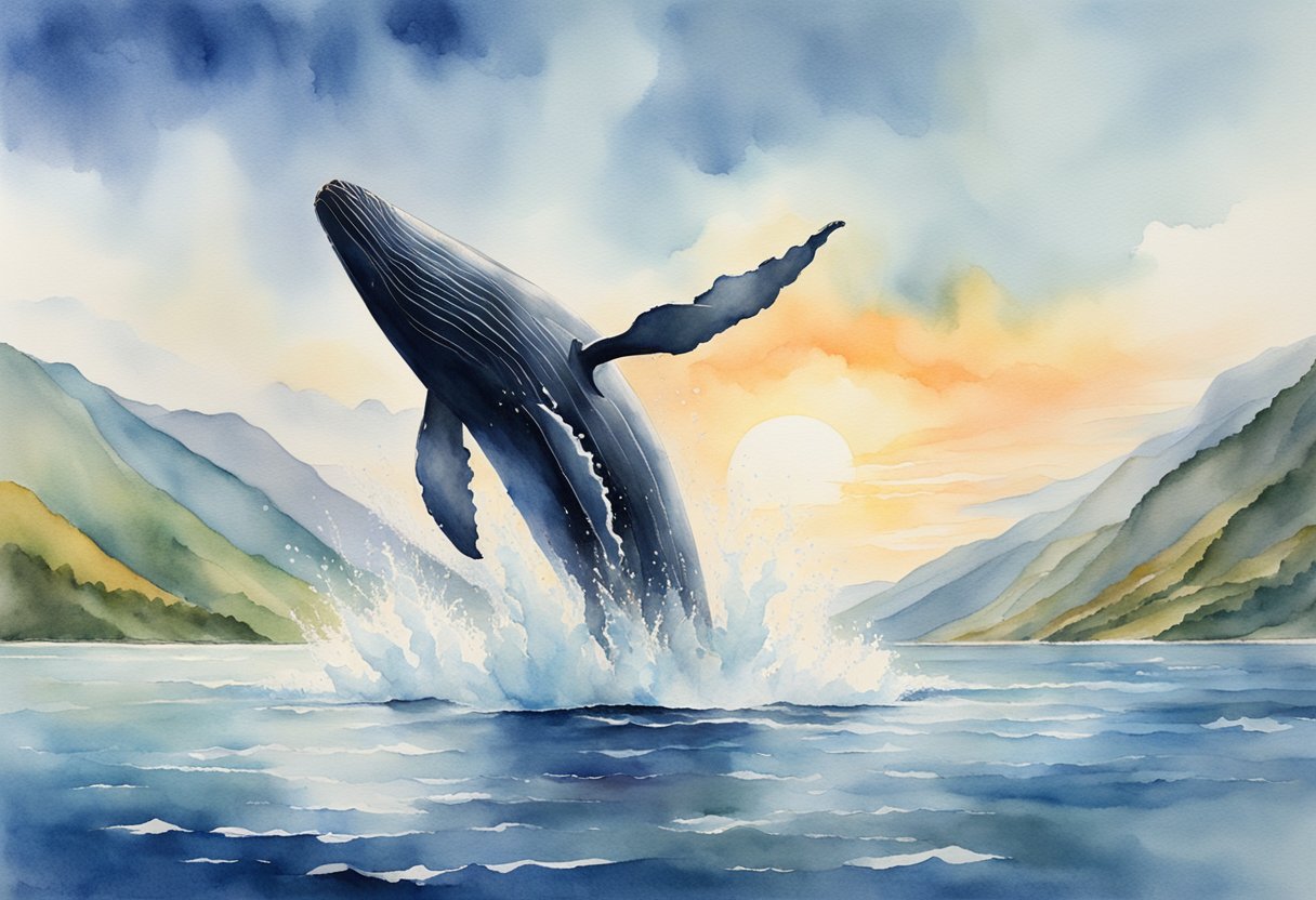 A boat cruises through calm waters, surrounded by vast ocean and distant mountains. A pod of majestic whales breaches the surface, spouting water into the air
