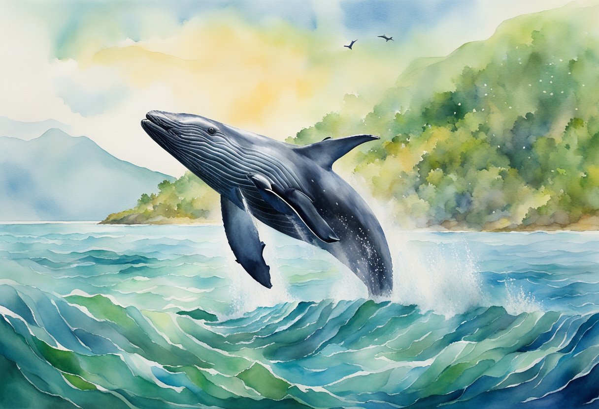 A serene ocean with a humpback whale breaching, surrounded by a pod of dolphins and a backdrop of lush green coastline