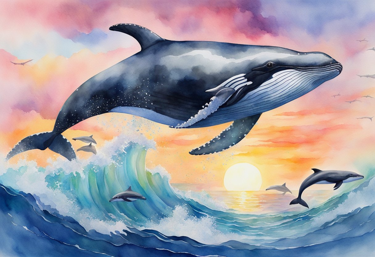 A serene ocean scene with a humpback whale breaching, surrounded by a pod of dolphins, with a colorful sunset in the background