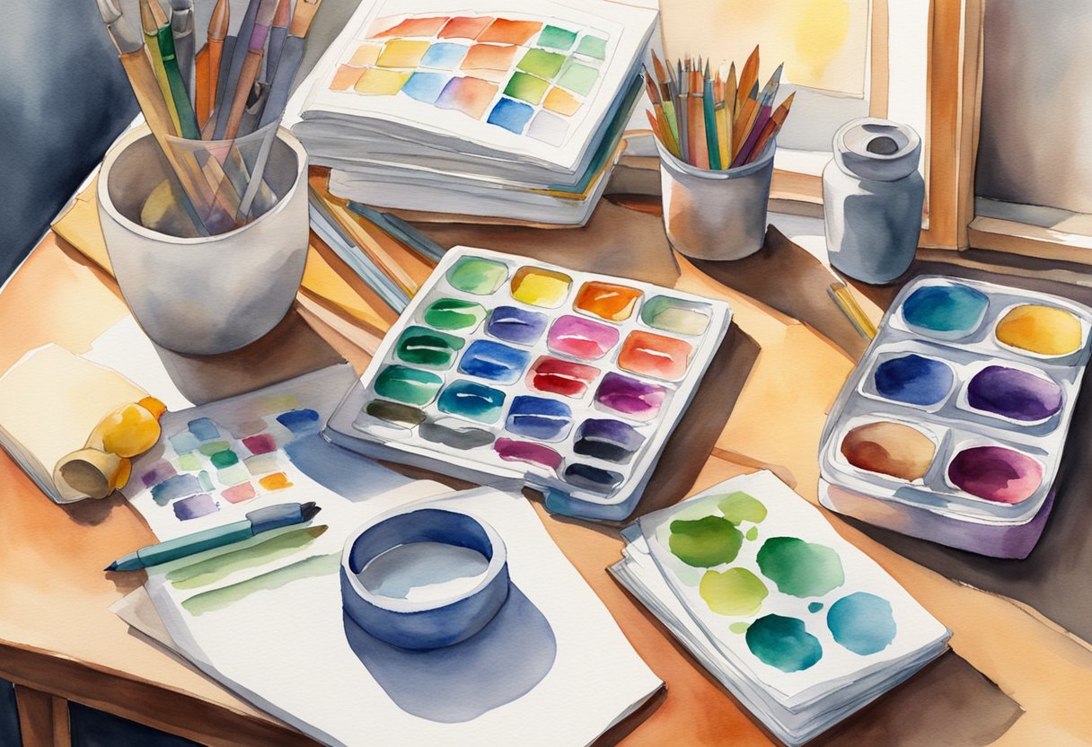 Coloring supplies arranged neatly on a table, with a beginner's guide book open to a page titled "Frequently Asked Questions." Sunshine streams through a nearby window, casting a warm glow on the scene