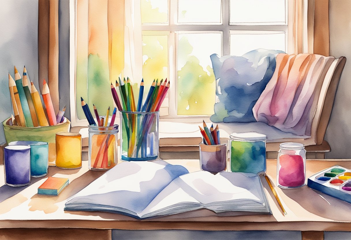 Coloring supplies scattered on a table, including colored pencils, markers, and a coloring book. A cozy chair and a soft blanket nearby. Sunlight streaming in through a window
