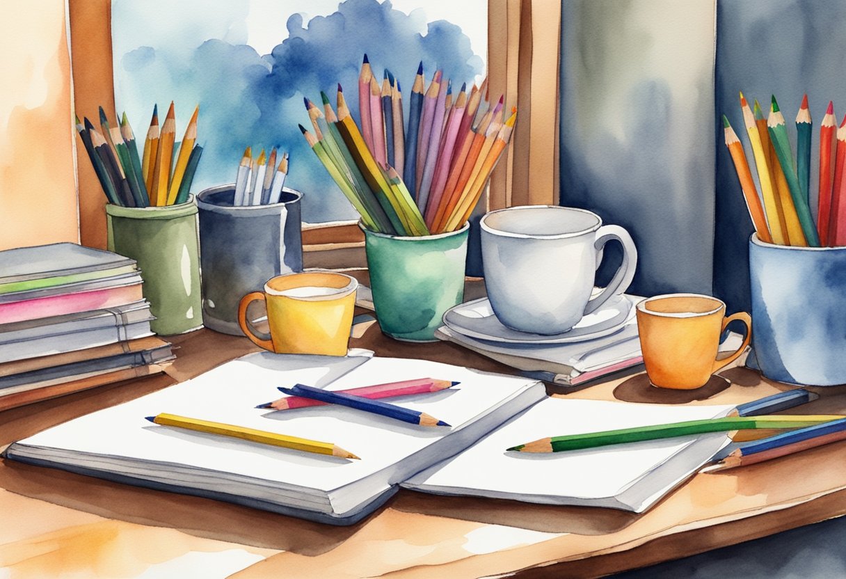 A table with coloring books, pencils, markers, and a cup of sharpened pencils. A comfortable chair and good lighting complete the cozy coloring setup