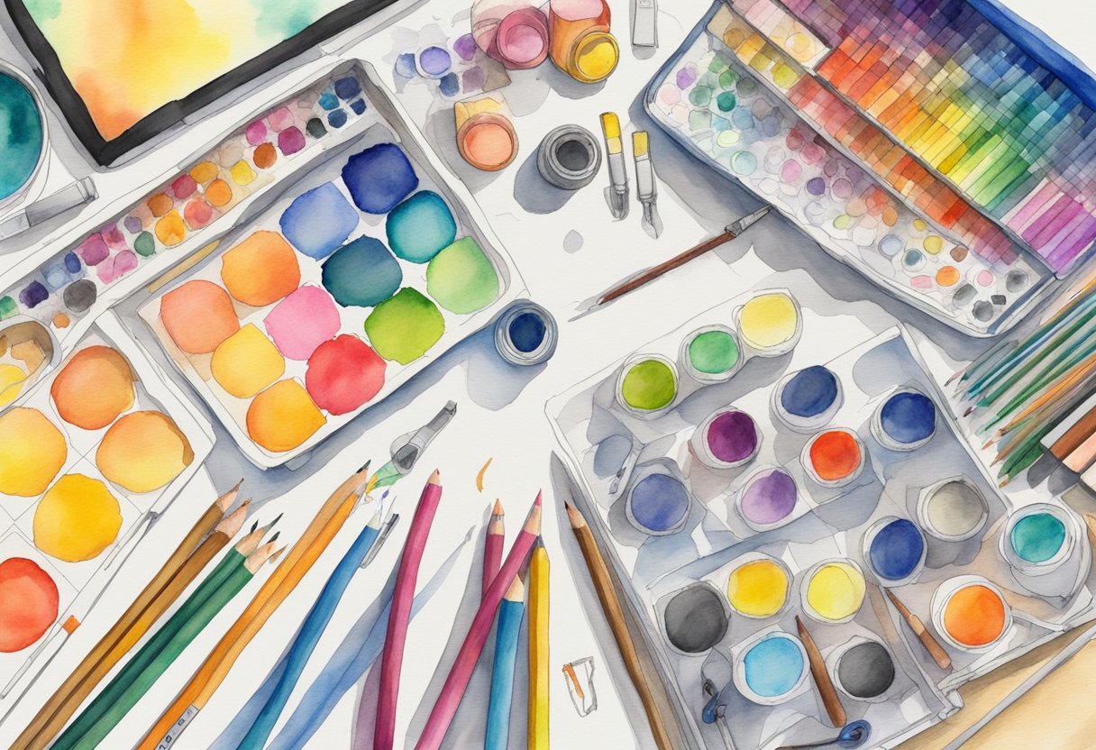 A table filled with various coloring materials and tools, including colored pencils, markers, and blending tools. A colorful and intricate coloring page is laid out, with examples of different coloring styles and techniques displayed nearby