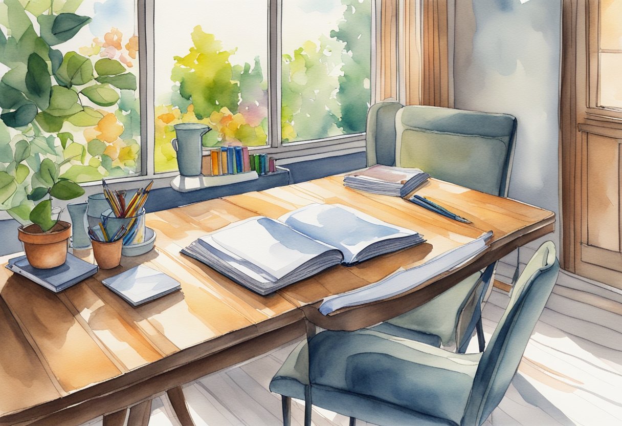 A table with various coloring supplies: colored pencils, markers, and a coloring book open to a detailed page. A comfortable chair and good lighting complete the scene