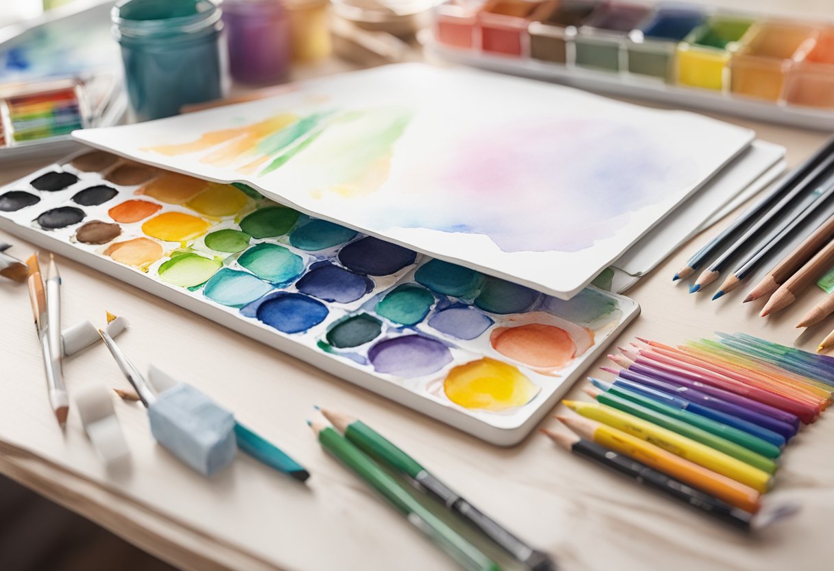 A table with various coloring supplies: pencils, markers, and paint. A blank coloring book open to a detailed design. Bright, natural lighting