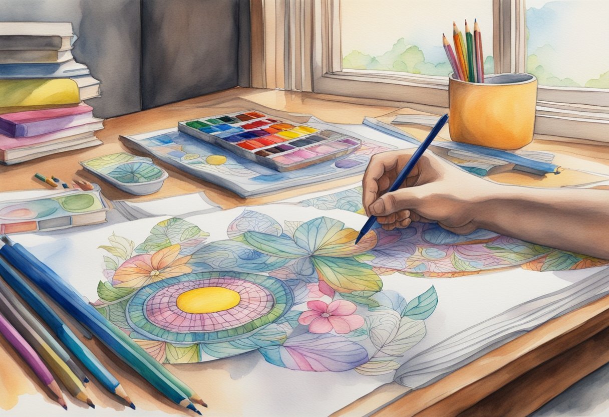 A table with coloring books, pencils, and markers. A person's hand holding a colored pencil, filling in a detailed design. Light from a nearby window illuminates the scene
