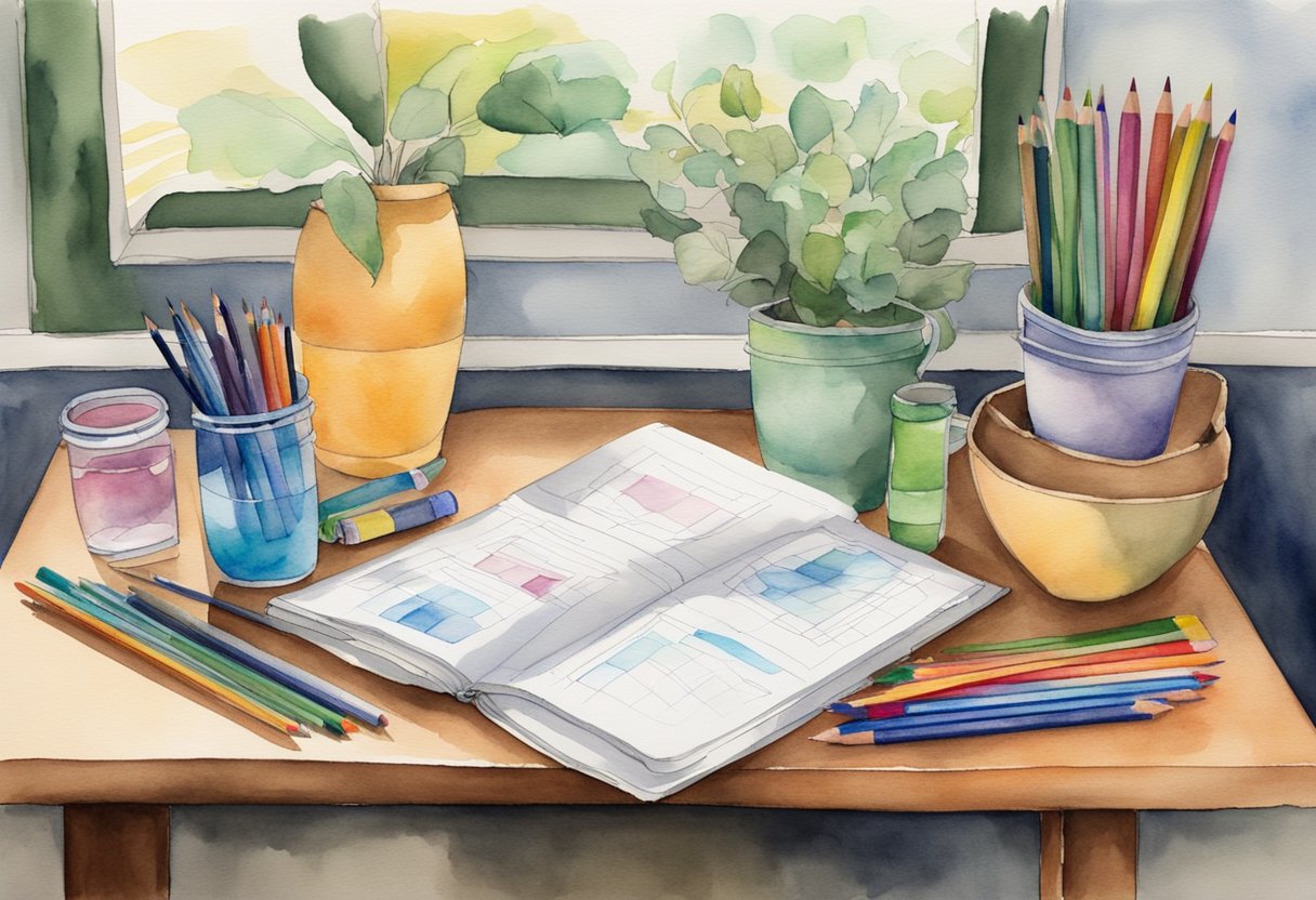 A table with various coloring supplies scattered across it, including colored pencils, markers, and coloring books. A comfortable chair sits nearby, inviting the viewer to sit and begin their coloring journey