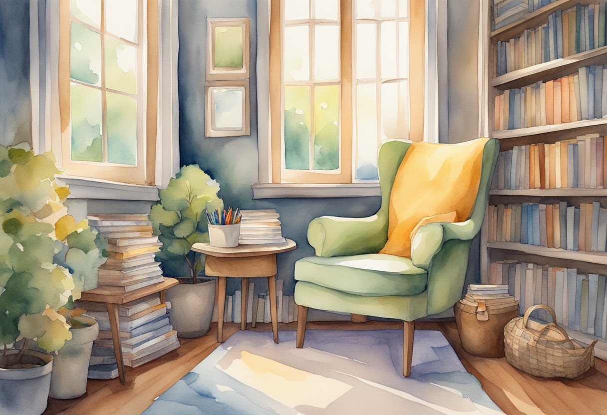 A cozy corner with a comfortable chair, a table with a variety of coloring books and pencils, soft lighting, and a peaceful atmosphere