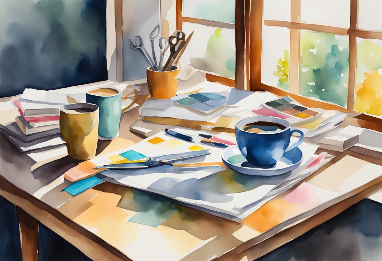 A table with scissors, glue, magazines, and colorful paper. A bright window casts natural light on the workspace. A cup of coffee sits nearby
