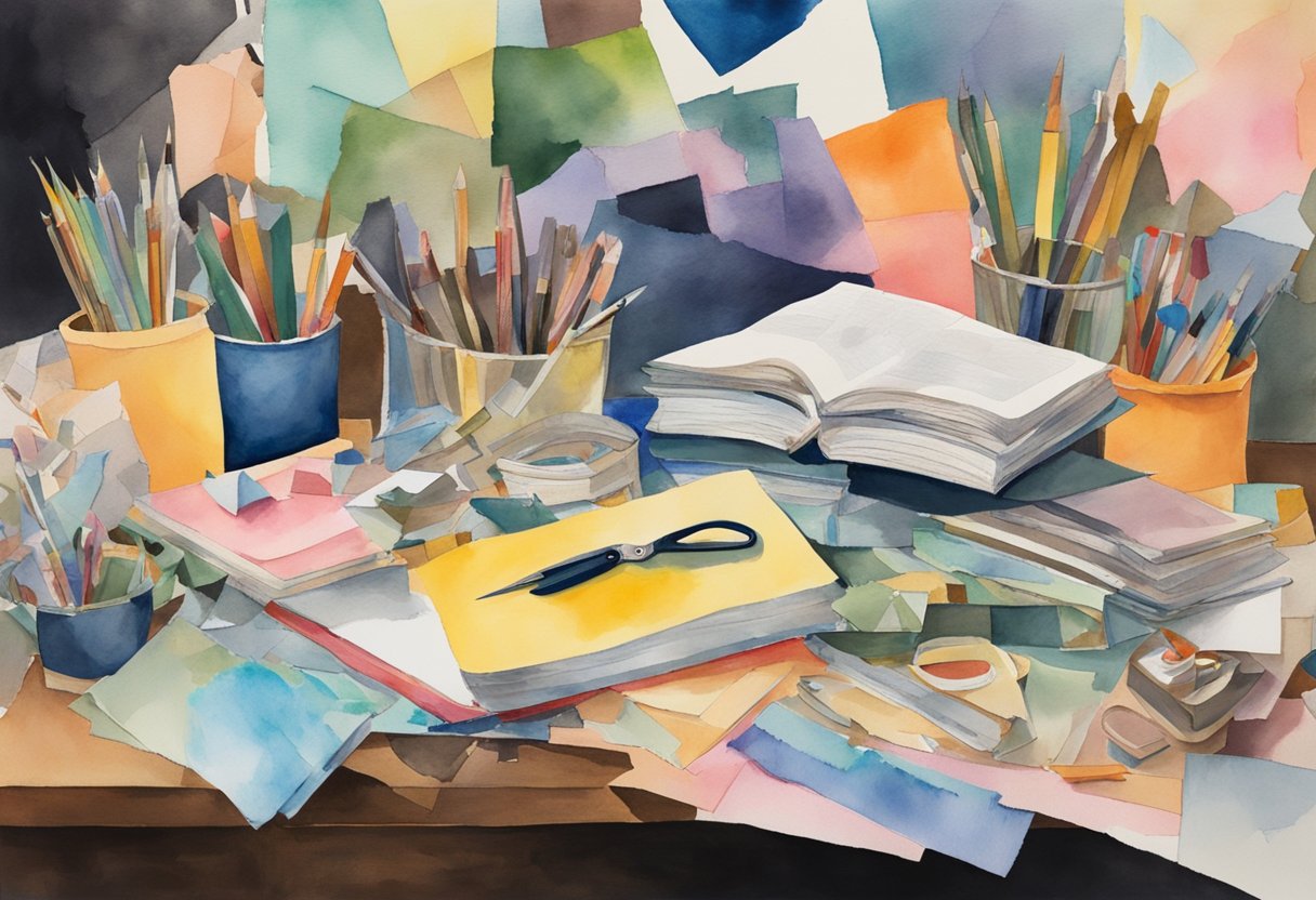 A cluttered desk with scissors, glue, and various paper scraps. A book open to a page on collage techniques. Bright, colorful examples of finished collages adorn the walls