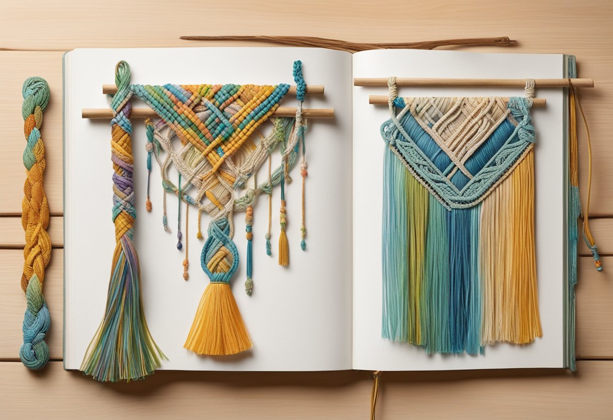 A tangle of colorful macrame cords hangs from a wooden dowel, with intricate knots and patterns on display. A book titled "Refining Your Technique: Beginner's Guide to Macrame as a Hobby" sits open nearby, showing step-by-step