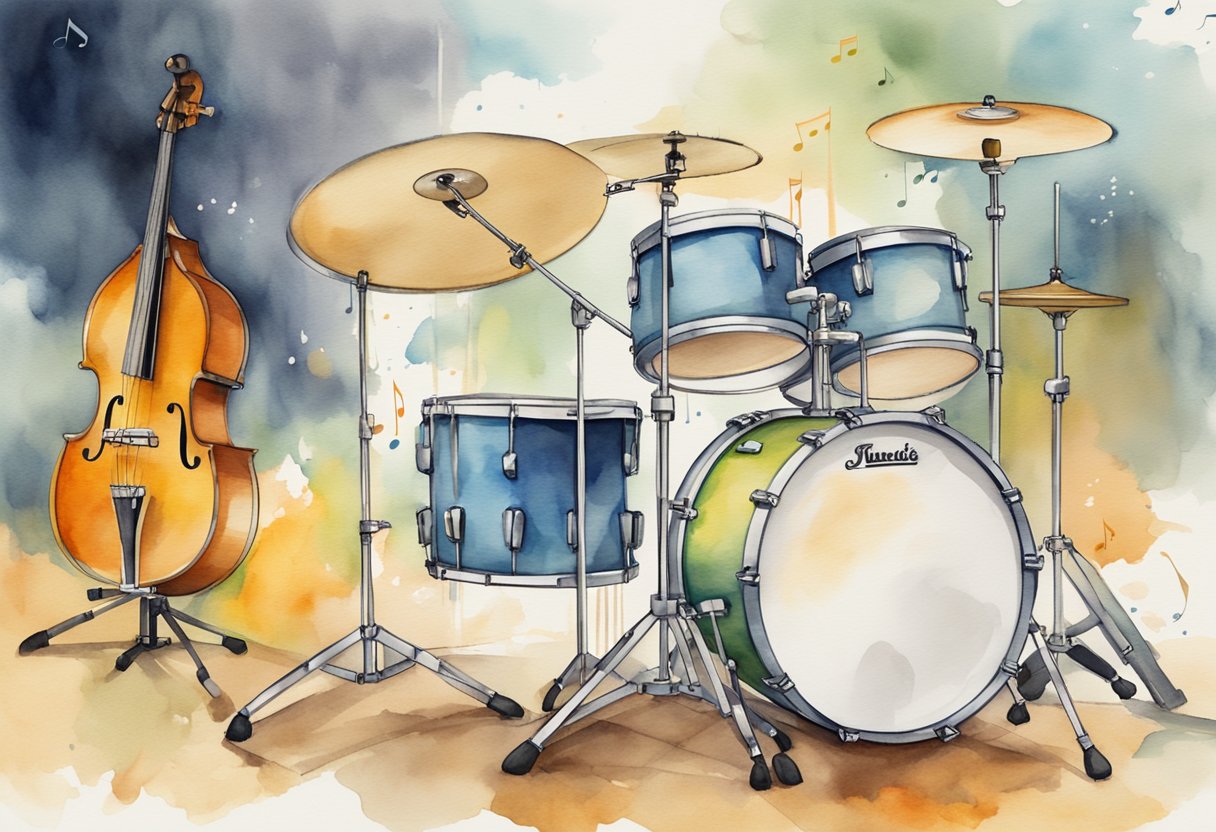 Drum set with sticks on stand, music notes scattered, metronome ticking, and a beginner's guide book open to a chapter on basic drumming techniques