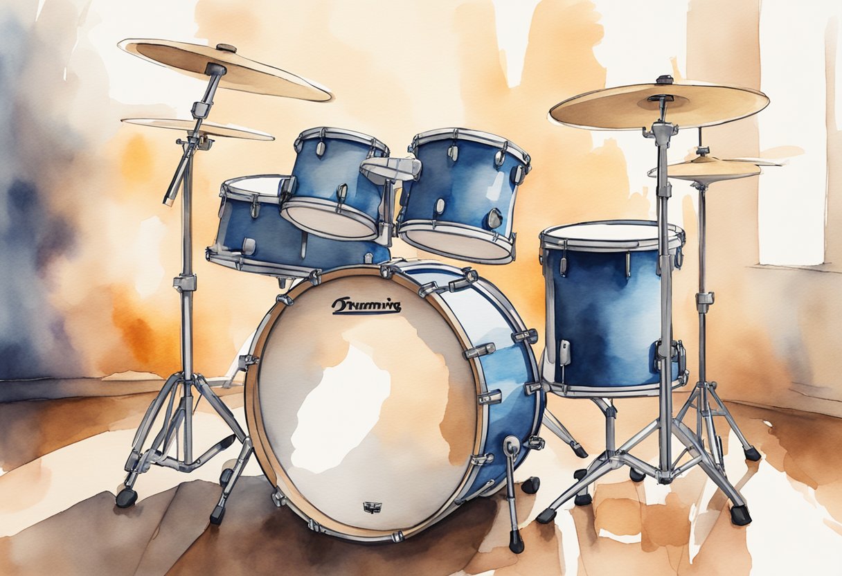 A drum set sits in a well-lit room, with a pair of drumsticks resting on top. A beginner's guide to drumming is open on a nearby table