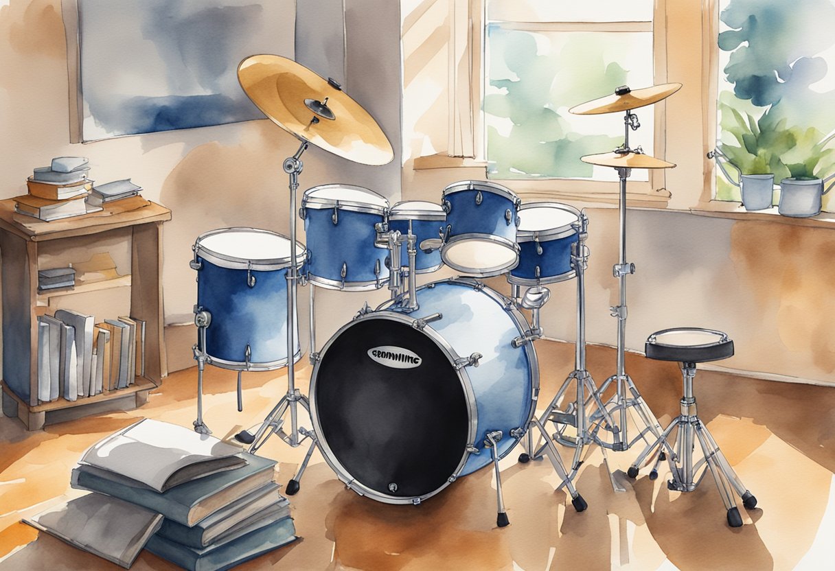 A drum set sits in a well-lit room, surrounded by various tools and equipment. A book titled "Maintenance and Tuning Beginner's Guide to Drumming as a Hobby" is open on a nearby table, with detailed illustrations and step-by-step