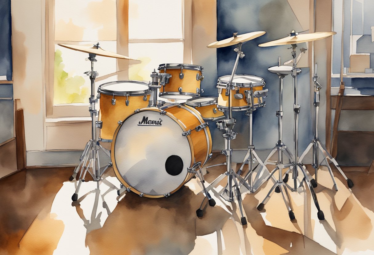A drum set sits in a well-lit room, with a variety of drumsticks and brushes laid out on a nearby table. A metronome and music stand are positioned nearby, ready for a beginner's practice session