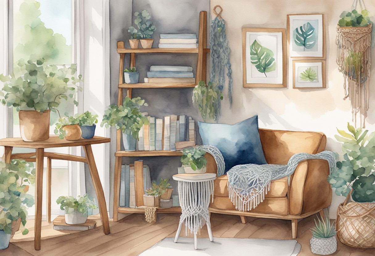 A cozy corner with a comfortable chair, a wooden table holding macrame supplies, and a bookshelf filled with beginner's guides and resources on macrame