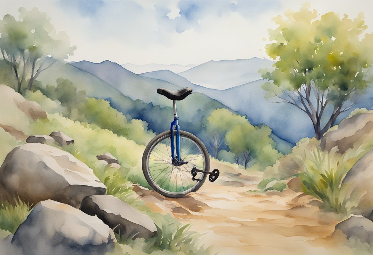 A unicycle rolling over rocks, mud, and grass, with a backdrop of hills and trees