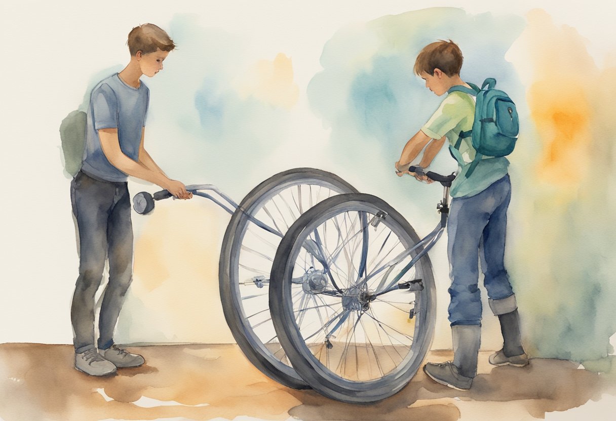A unicycle is being mounted by a beginner, with one hand on the seat and the other on a nearby wall for support. The rider is focused and determined, ready to take their first ride