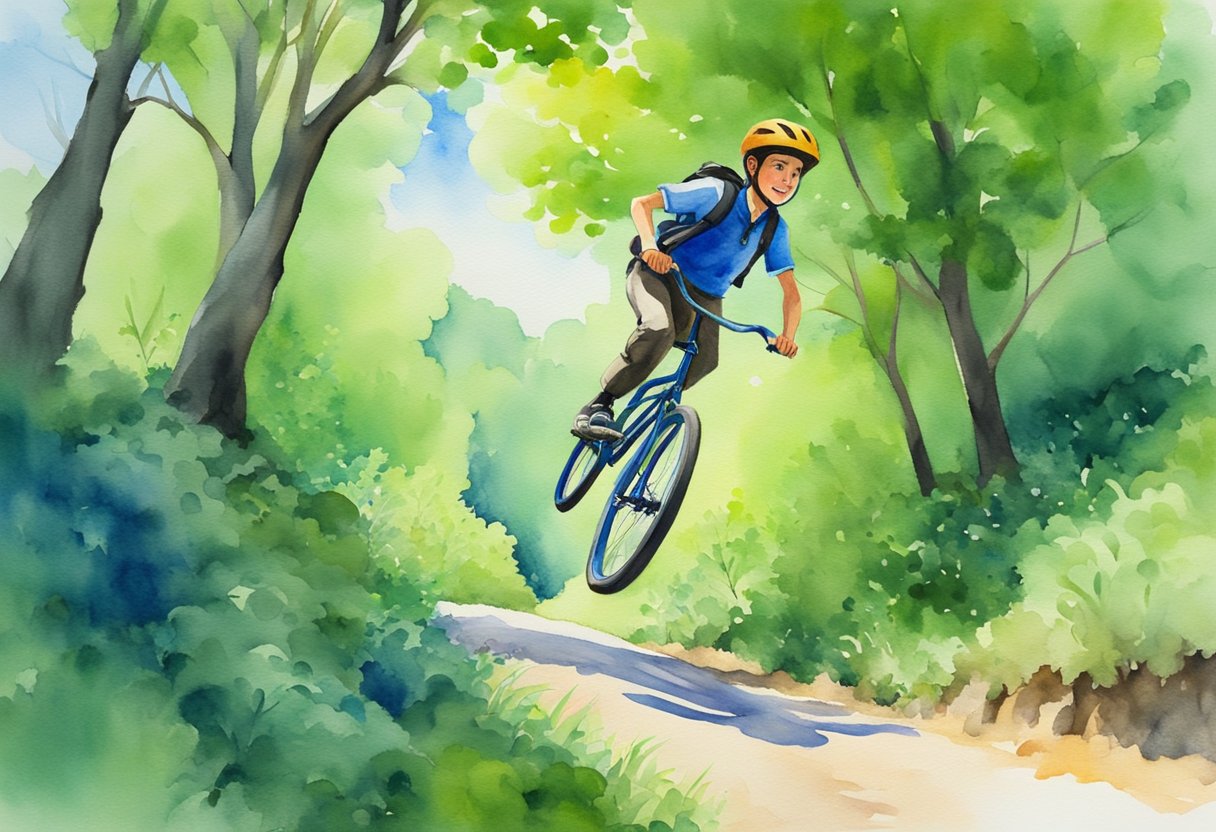 A unicycle balances on a narrow trail, surrounded by lush green trees and a bright blue sky. The rider's determination is evident as they navigate the challenging terrain with a mix of joy and concentration
