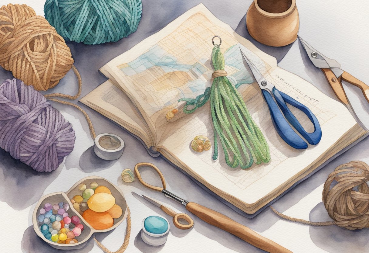 A table with various macrame supplies: rope, scissors, beads, and a wooden dowel. A book titled "Beginner's Guide to Macrame" lies open next to the supplies