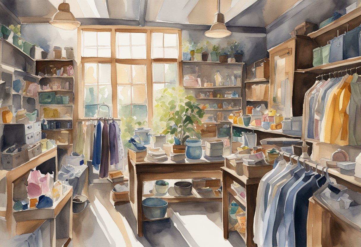 A cluttered thrift store with racks of clothing, shelves of knick-knacks, and bins of accessories. Sunlight streams through dusty windows, highlighting the eclectic mix of items waiting to be discovered