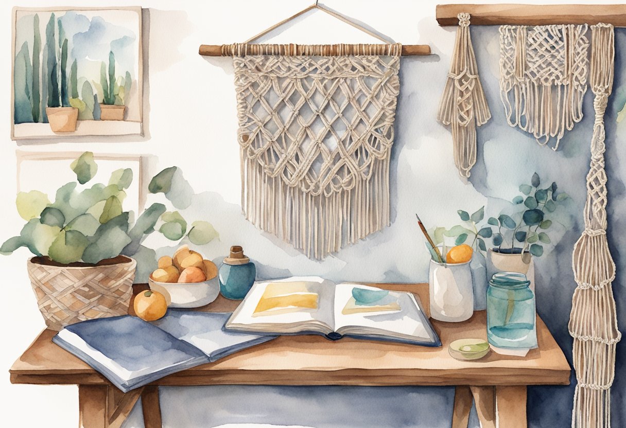 A table with macrame supplies, a book titled "Beginner's Guide to Macrame," and a finished macrame project hanging on the wall