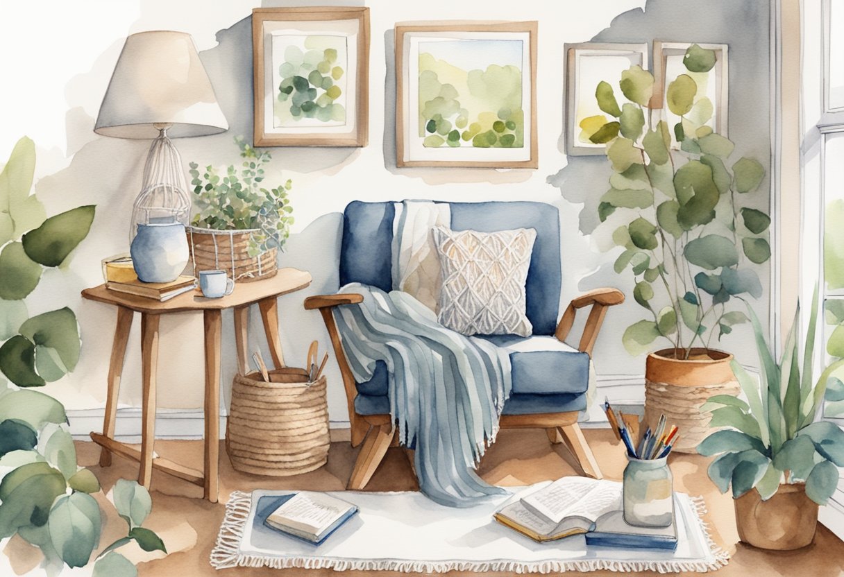 A cozy corner with a comfortable chair, a small table with macrame supplies, and a beginner's guide book open to a page on basic knots