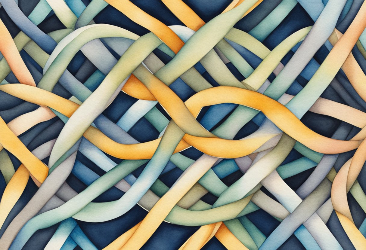 A taut string is looped and twisted into intricate knots, creating a pattern of interwoven designs