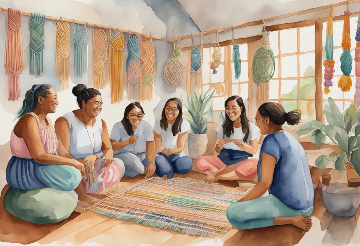 A group of people gather in a cozy studio, surrounded by colorful bundles of macrame rope and wooden dowels. They are laughing and chatting as they create intricate knots and patterns, guided by a knowledgeable instructor