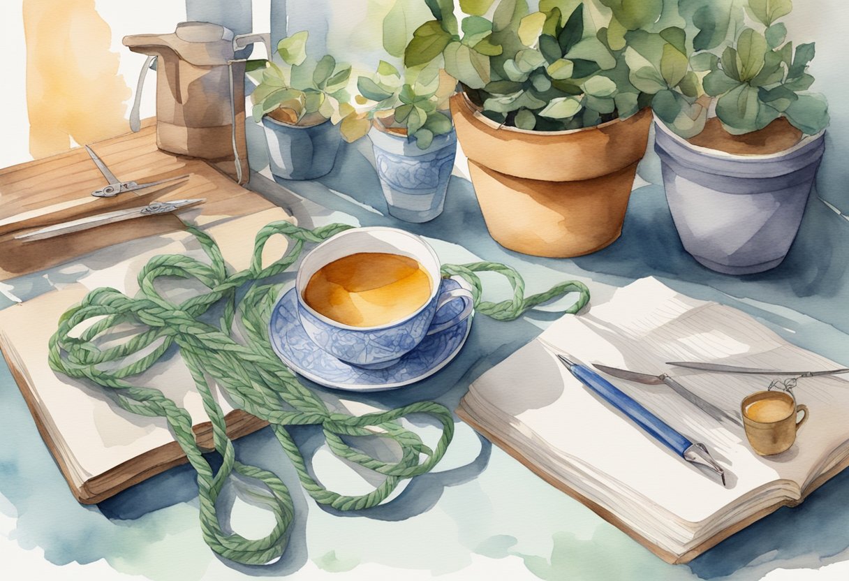 A table with various colored ropes, scissors, and a macrame pattern book open to a page with step-by-step instructions. A cup of tea and a potted plant sit nearby