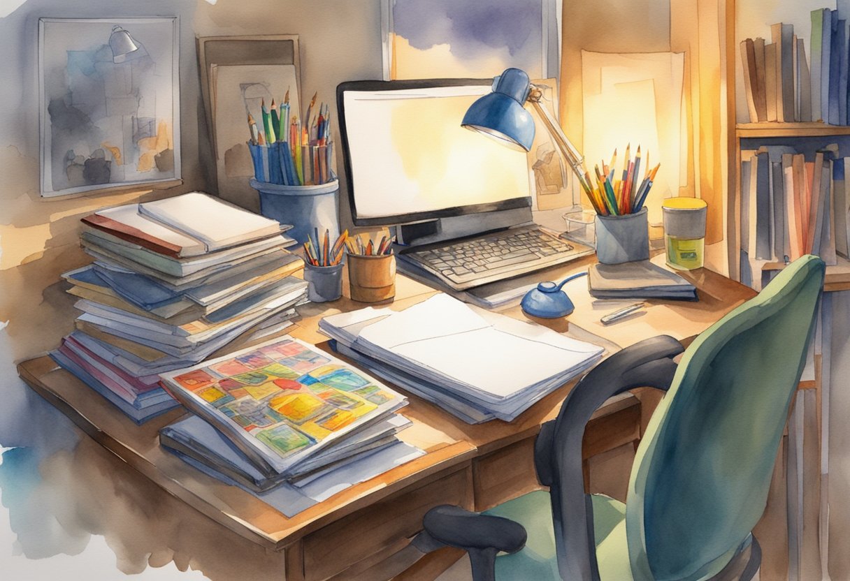 A cluttered desk with colorful comic books, pencils, and a drawing pad. A desk lamp illuminates the workspace, casting a warm glow on the art supplies
