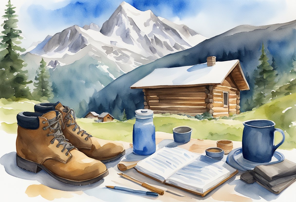 A mountain landscape with a clear blue sky, a cozy cabin, and a beginner's guide to yodeling laid out on a table with essential gear and supplies such as a traditional alpine hat, a sturdy pair of hiking boots, and a musical