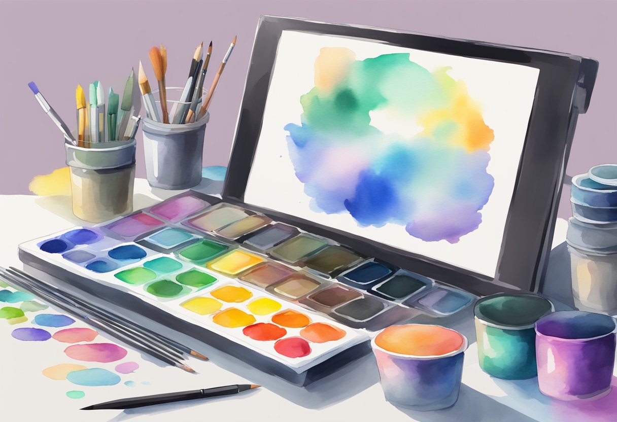 A colorful digital art palette surrounded by various digital drawing tools and a computer screen displaying a beginner's guide to digital art