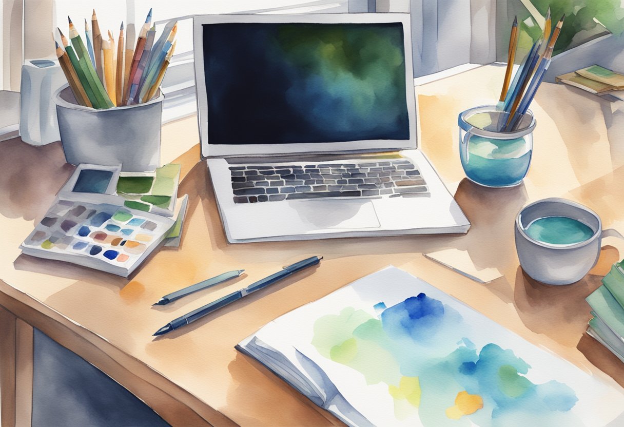 A desk with a computer, graphics tablet, and stylus. Art software open on the screen. A book titled "Beginner's Guide to Digital Art" on the desk