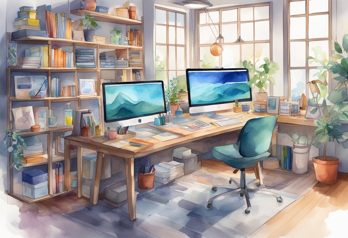 A digital art studio with a variety of tools and equipment, including a computer, graphics tablet, and stylus. The room is filled with colorful artwork and inspiration, with shelves displaying different art supplies and reference books