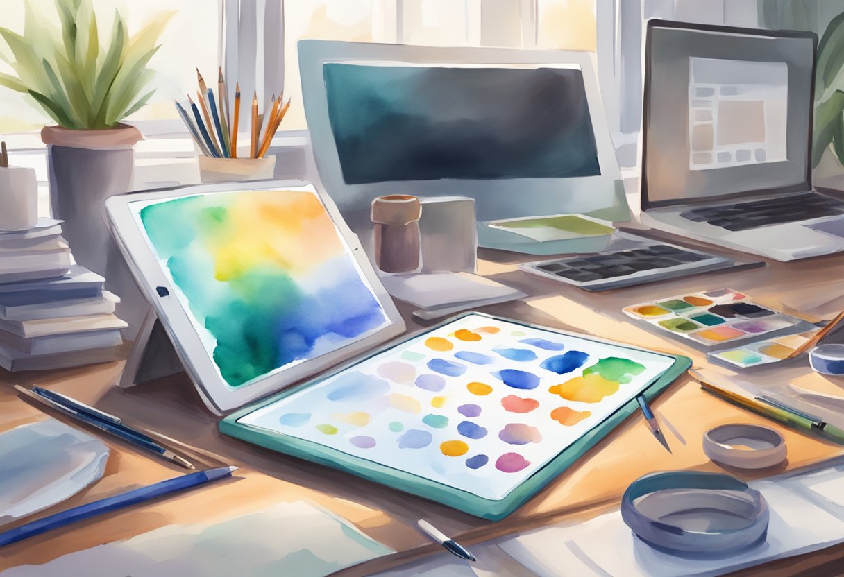 A digital tablet and stylus sit on a desk, surrounded by art supplies and a computer. A beginner's digital art tutorial is displayed on the screen