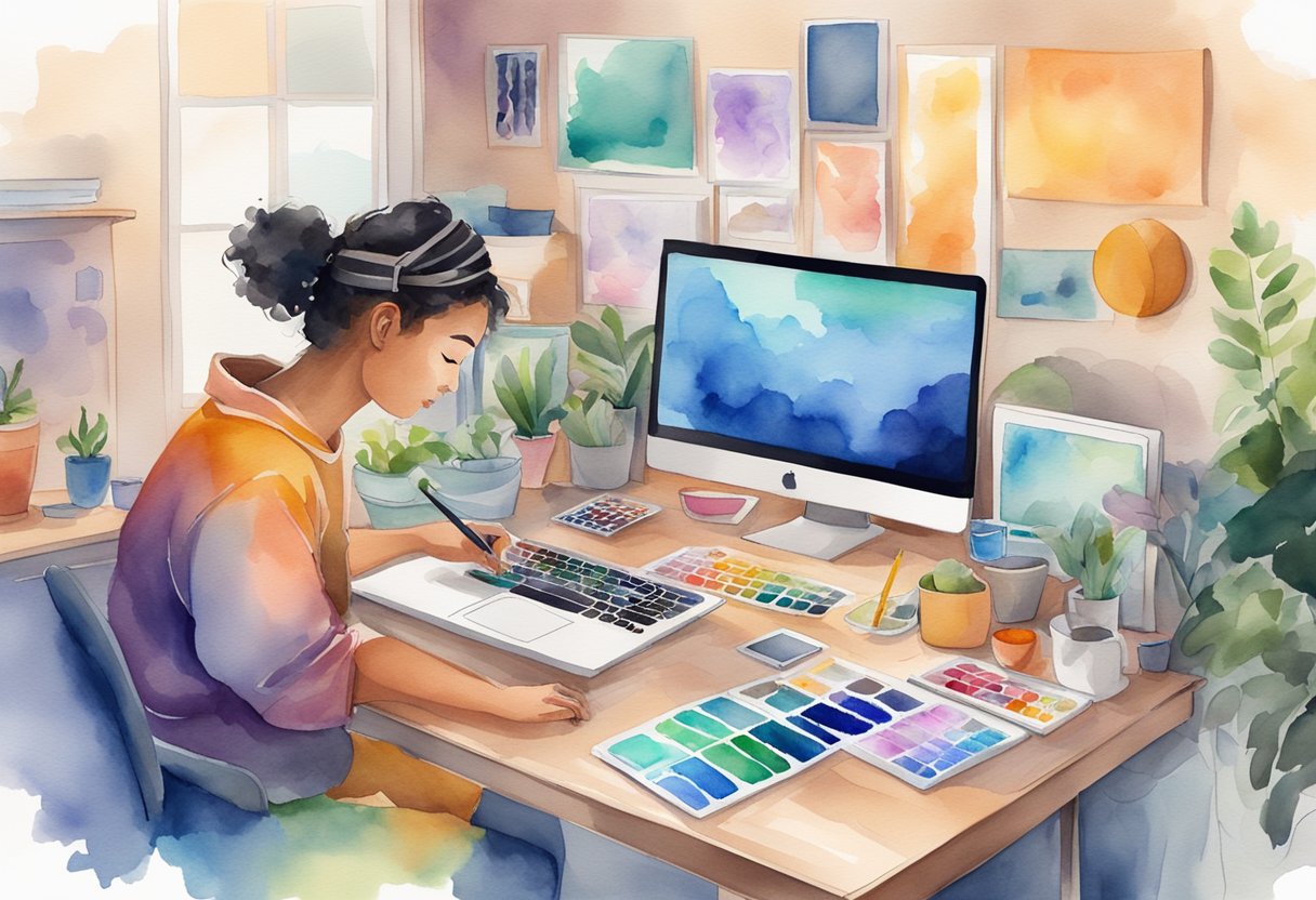 A digital artist sits at a desk, surrounded by a computer, tablet, and stylus. They are creating colorful and intricate digital artwork on their screen, with various software programs open in the background