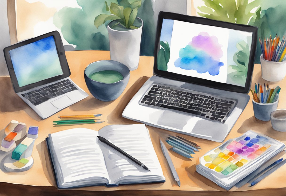 A desk with a digital tablet, computer, and art supplies. A book titled "Beginner's Guide to Digital Art" is open, with illustrations of digital artwork