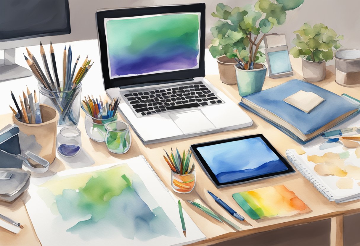 A desk with a computer, tablet, stylus, and various art supplies. A book titled "Tools of the Trade Beginner's Guide to Digital Art as a Hobby" lies open next to the computer