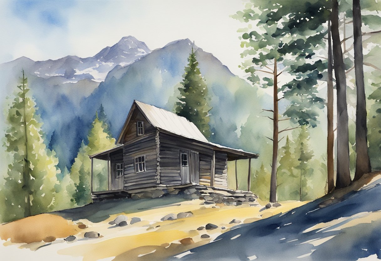 A mountainous landscape with a clear blue sky, a lone cabin nestled among the trees, and a figure standing on the porch, mouth open in a yodeling position