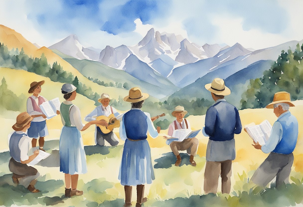 A group of people gather in a circle, holding yodeling instruction books and practicing vocal exercises. Mountains and a clear blue sky provide a picturesque backdrop