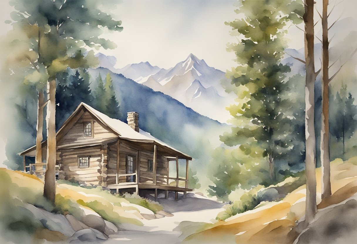 A serene mountain landscape with a cozy cabin nestled among the trees, as a figure yodels joyfully from the front porch