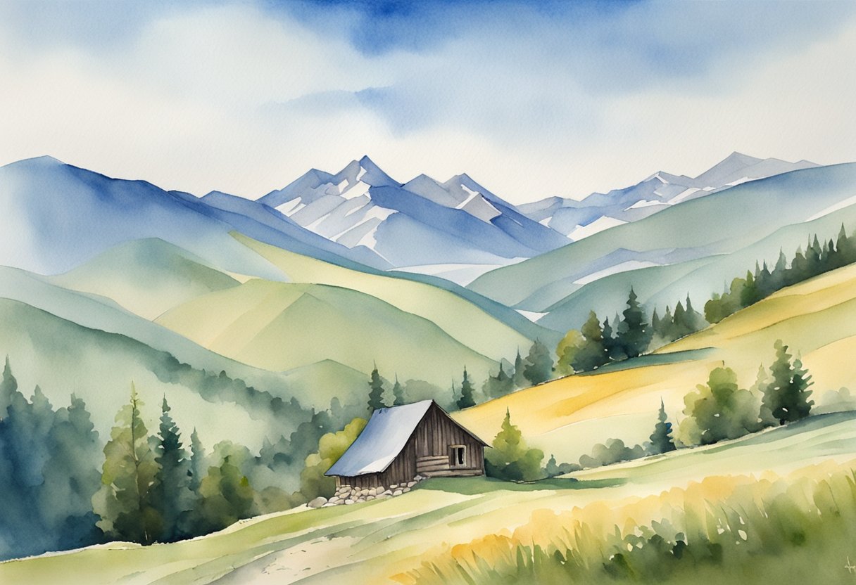 A serene mountain landscape, with a lone cabin nestled among the peaks. A clear blue sky and rolling hills complete the tranquil setting for yodeling practice