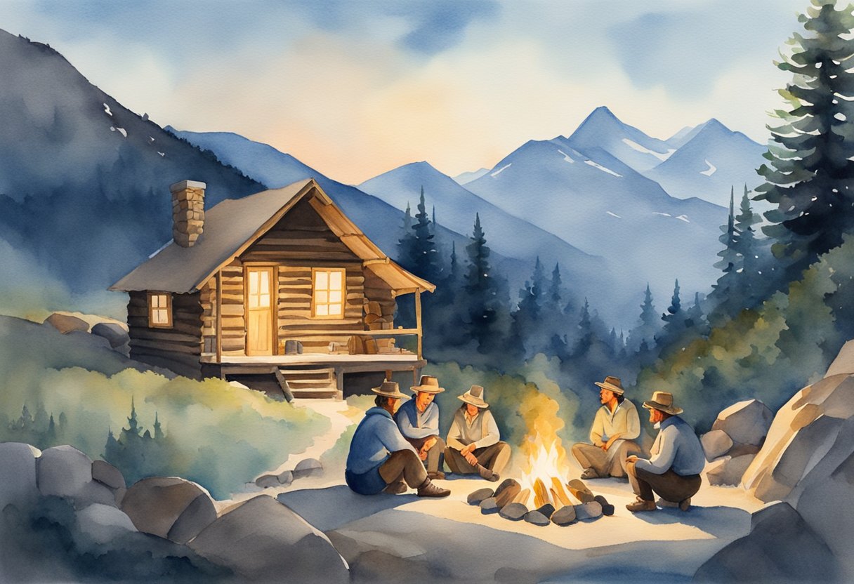 A serene mountain landscape with a cozy cabin, a clear blue sky, and a group of yodelers gathered around a campfire, practicing their craft