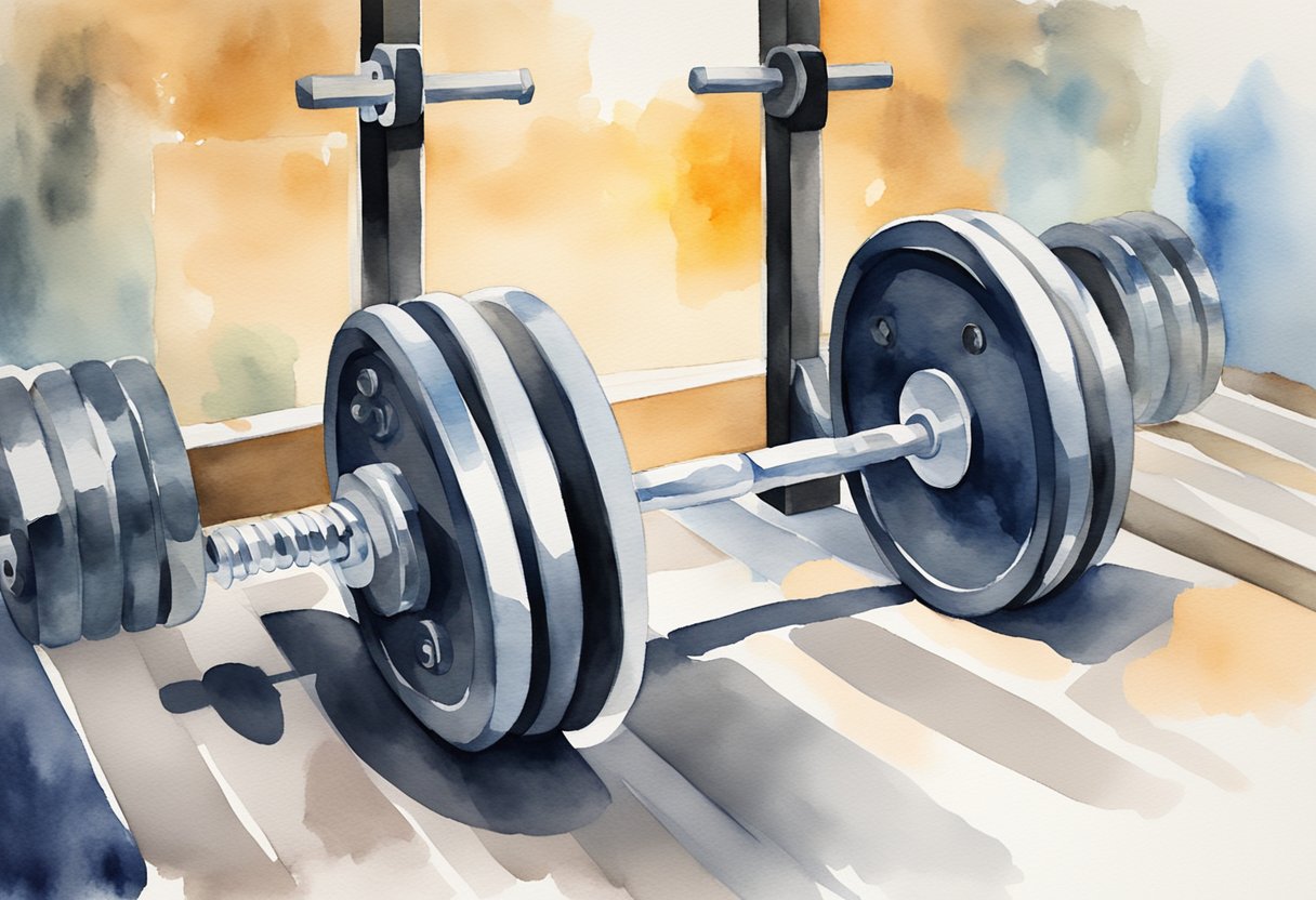 A barbell with weight plates, a weightlifting bench, and a set of dumbbells arranged neatly in a well-lit gym setting